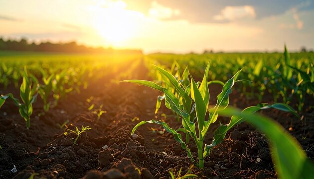 Sunrise over a young corn field with agricultural farming, and agriculture harvest concept.