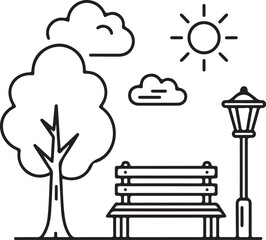 Public space with bench, tree, lamp post, clouds and sun