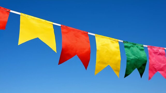 Colorful Pennant Flags Waving Against Blue Sky