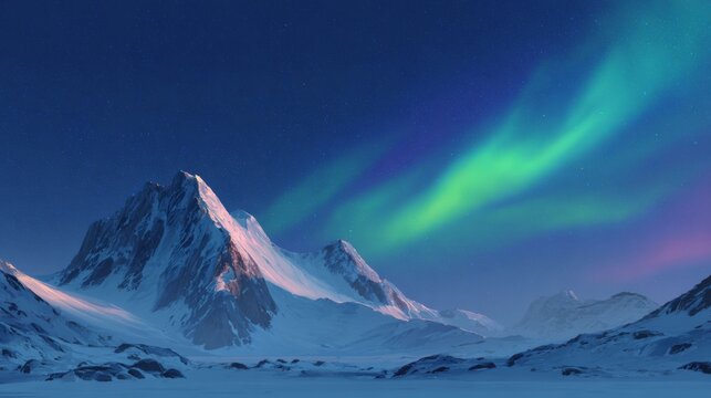 Snowy mountain peaks under a starry night sky illuminated by green and blue aurora borealis lights - Powered by Adobe
