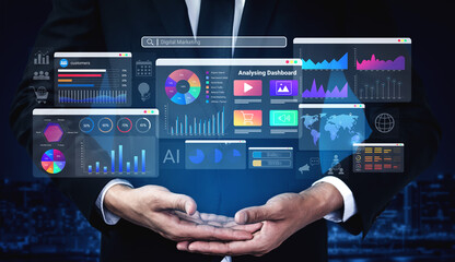 Colorful data dashboards with graphs, charts, and marketing metrics representing online campaign performance and business intelligence Parse