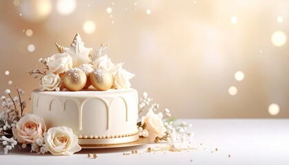 白いケーキとゴールド装飾のある祝祭のコピースペース 4kリアリスティック
