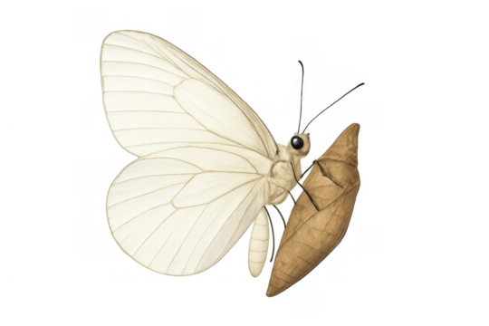 White butterfly on chrysalis, showing the final stage of metamorphosis and life cycle transformation. Transparent background