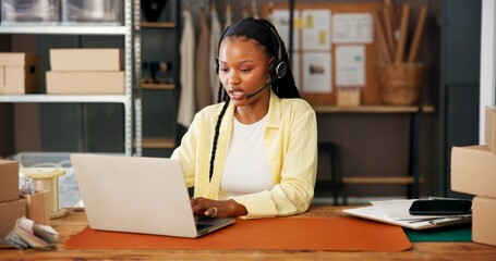 Headset, laptop and supply chain with black woman in office for delivery, distribution or shipping...