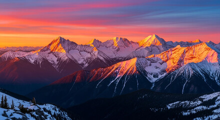 Majestic mountain range bathed in the warm glow of the setting sun, with snowcapped peaks and vibrant colors painting the sky in a breathtaking panorama