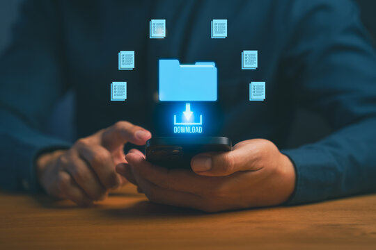 Digital file download concept showing person using smartphone with glowing folder icon and data transfer graphics, representing cloud storage, online document sharing, and mobile technology. - Powered by Adobe