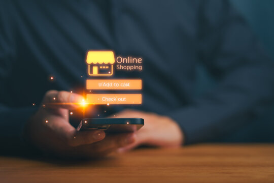 Online shopping concept with a person using smartphone and glowing virtual store icon. Representing e-commerce, digital retail, mobile payment, and internet business technology.