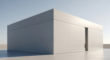 Modern minimalist concrete building with a simple boxy design, showcasing clean lines and a neutral color palette against a bright, clear sky