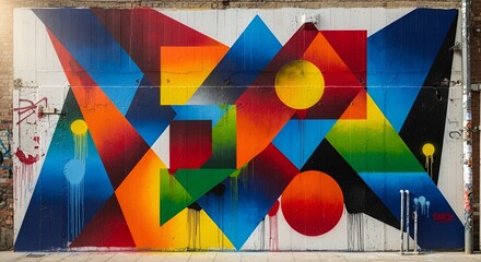 Vibrant geometric mural with circles and triangles on textured wall