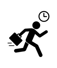 Stickman running with a briefcase and clock icon, representing being late for work, time management issues, urgency, deadlines, or daily hustle.