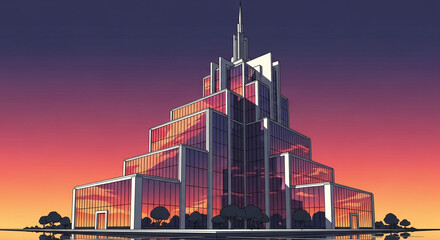 A stylized skyscraper with a unique design stands against a vibrant sunset sky, its glass facade reflecting the warm hues of the evening light