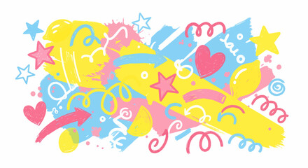 Colorful abstract illustration with stars, hearts, and brush strokes.
