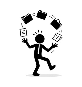 Business stickman juggling folders and papers, symbolizing multitasking, workload pressure, office chaos, and time management challenges.