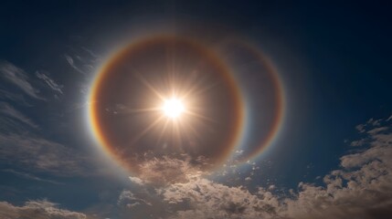 A vibrant sun halo with a corona ring and rainbow colors appears in a blue sky with wispy clouds a stunning atmospheric optical phenomenon
