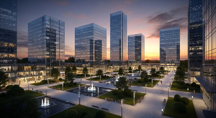 Modern office buildings stand tall against the evening sky, reflecting the warm light of the setting sun in their glass facades, creating a stunning urban landscape