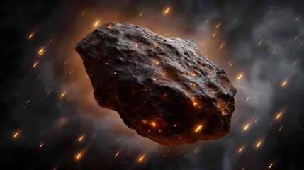 A dramatic view of a glowing asteroid with fiery fragments amidst a shower of streaking meteors in deep space