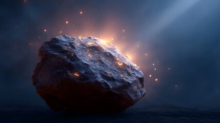 A dramatic cosmic rock glowing with internal fire and luminous fragments set against a dark misty background with ethereal light rays