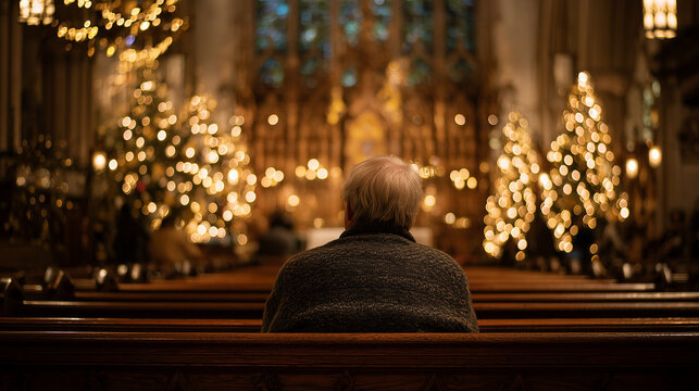An elderly man sitting alone in a quiet church with warm Christmas decorations, creating a peaceful and contemplative holiday atmosphere. - Powered by Adobe