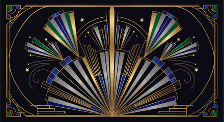 Elegant Art Deco fan design with radiating gold, silver, blue, and green geometric patterns on a dark background, evoking 1920s glamour.