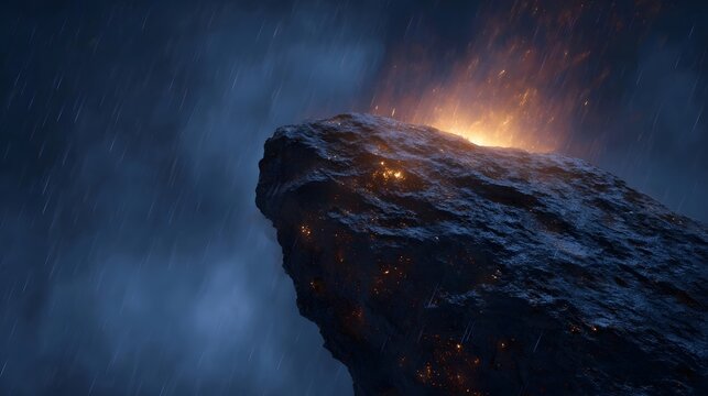 A dark rocky asteroid fragment glowing with internal heat and embers against a stormy rain swept sky