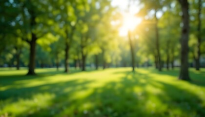 Blurred Green Nature Park with Sunlight for Abstract and Serene Background Designs