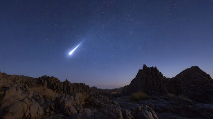 Fototapeta premium A bright meteor streaks across the starry night sky above a rugged rocky desert landscape