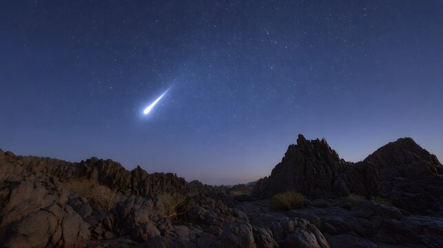 A bright meteor streaks across the starry night sky above a rugged rocky desert landscape