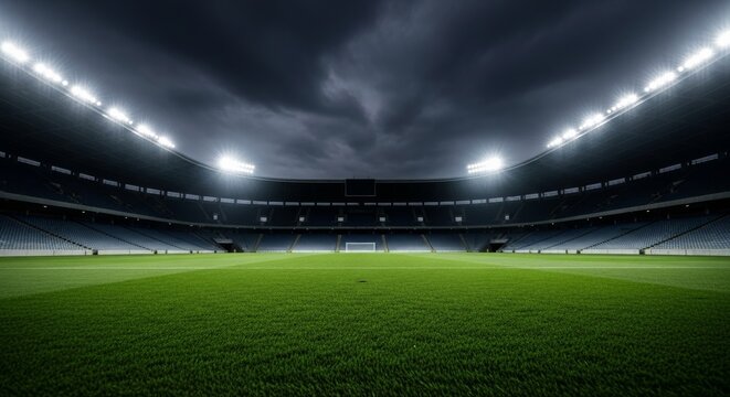Empty Football Stadium at Night Under Dramatic Sky