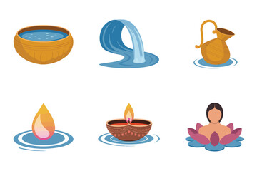Detailed flat vector icons for traditional ceremony, showing water, light, ritual, representing cultural rites and tradition,