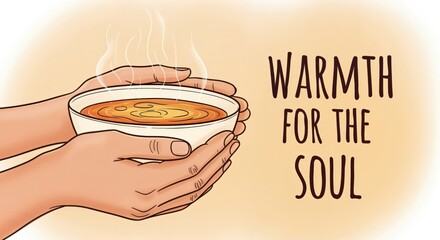 Close-up of hands holding a steaming bowl of warm soup, conveying comfort and the message 'WARMTH FOR THE SOUL'.