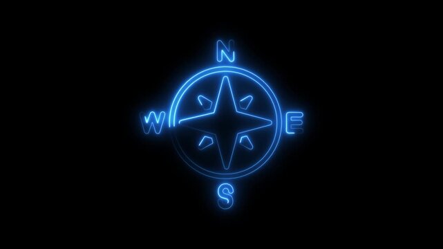 Blue neon compass rose symbol with cardinal directions NSEW on a black background navigation north