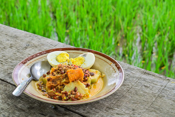 Lontong Opor Ayam with rice fields view. Indonesian traditional food, made from chicken cooked with coconut milk and spices. Popular during Eid al Fitr. wooden table. copy space, empty, free, negative