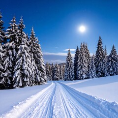 A snowy path winds through a forest of snow-covered evergreen trees, illuminated by a full moon in a starry night sky