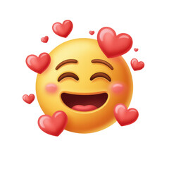 Smiling emoji surrounded by red hearts isolated on a transparent background