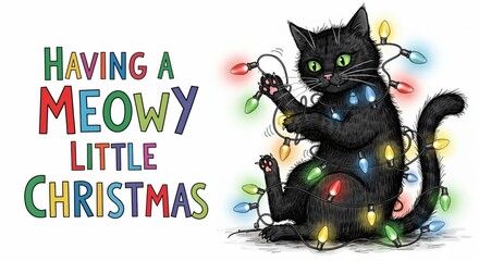 Cute black cat tangled in colorful Christmas lights with festive holiday greeting 'Having a Meowy Little Christmas' illustration