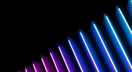 Abstract neon light streaks glowing blue and purple lines on a black background modern design