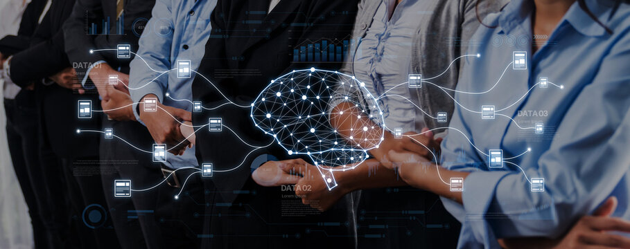 A diverse group of professionals stands together, symbolizing collaboration and innovation, with a digital brain illustration representing advanced technology and data connections. Trope
