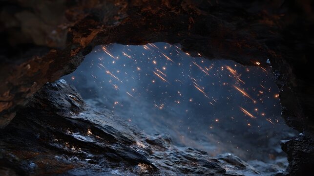 View from a dark cave opening at a surreal atmospheric scene with glowing orange particles falling like embers against a deep blue haze