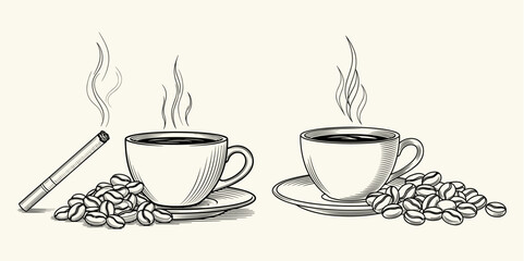 Two Coffee Cups with Beans and a Cigarette Illustration