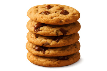 Chocolate chip cookies stacked vertically, offering a sweet snack or dessert. Delicious baked goods with melted chocolate chips