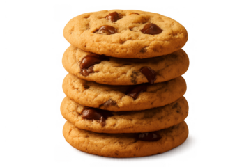 Chocolate chip cookies stacked vertically, offering a sweet snack or dessert. Delicious baked goods with melted chocolate chips