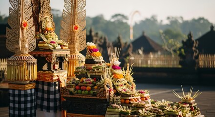 Indonesia Nyepi Preparation Altar, bamboo penjor decoration beside offerings