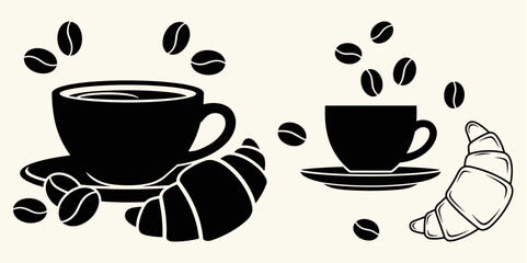 Black and White Coffee, Croissant, and Beans Illustration