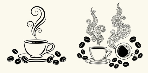 Hand-drawn collection of coffee cup icons with swirling steam and beans, an artistic design concept for cafe menus and branding