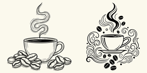 Artistic black and white sketches depicting steaming coffee cups surrounded by roasted beans and ornamental swirling elements, perfect for cafes, menus, or beverage branding