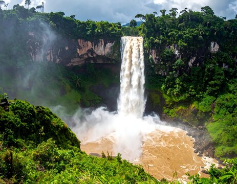 A majestic waterfall plunges into a murky river, surrounded by lush green foliage and cliffs under a cloudy sky