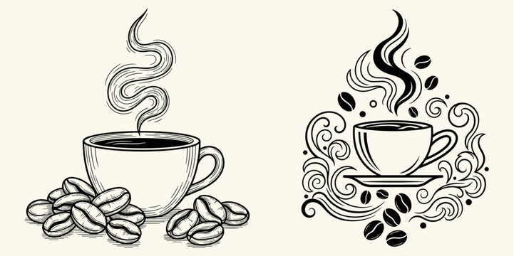 Artistic black and white sketches depicting steaming coffee cups surrounded by roasted beans and ornamental swirling elements, perfect for cafes, menus, or beverage branding