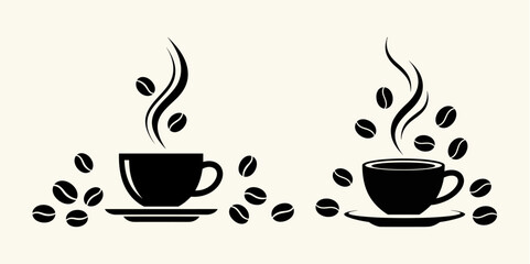 Black coffee cups with steam and scattered beans illustration on a neutral background