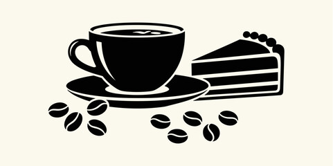 A dark coffee cup with beans and a slice of cake on a neutral background