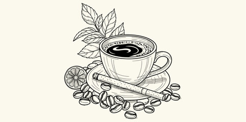 Detailed monochrome drawing capturing the essence of a gourmet coffee experience, complete with rich beans, a warming cinnamon stick, and a hint of citrus